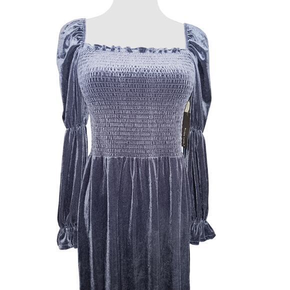 NEW MACY'S‎ Smocked Velvet Dress Square Neck Puff Sleeves Blue Size Medium - Picture 10 of 14